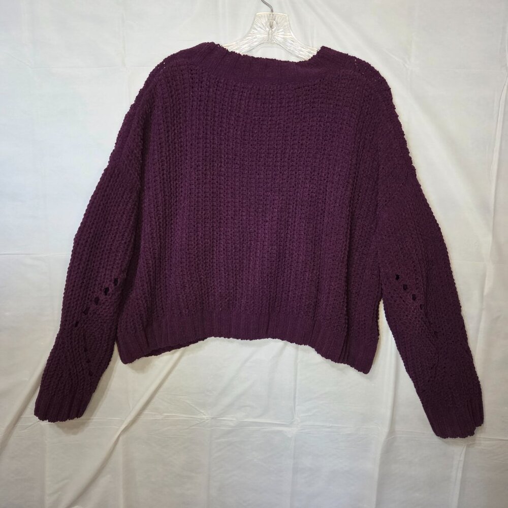 Wynter Pointelle Chenille Boxy Cropped Purple L Sweater Sleeve Cut Out Design